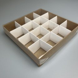Коробка 150*150*30 на 16 цукерок крафт з кришкою ПВХ 