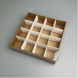 Коробка 150*150*30 на 16 цукерок крафт з кришкою ПВХ 