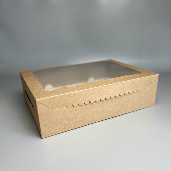 фото Коробка  355*255*100 для 12 кексів  з крафт картону з прозорим вікном КРАФТ