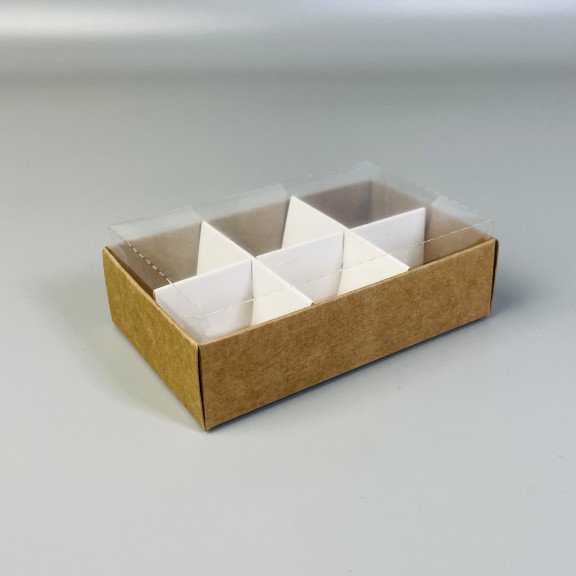фото Маленька коробочка для 6-ти цукерок/ бонбоньєрка Крафт з прозорою кришкою 95*60*30