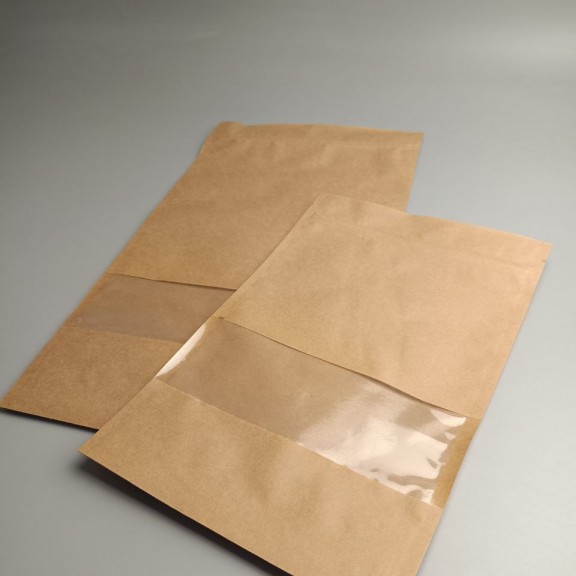 фото Дой-пак крафт з вікном 210*380 (дно 55*55), зіп-замок, з внутрішньою ламінацією