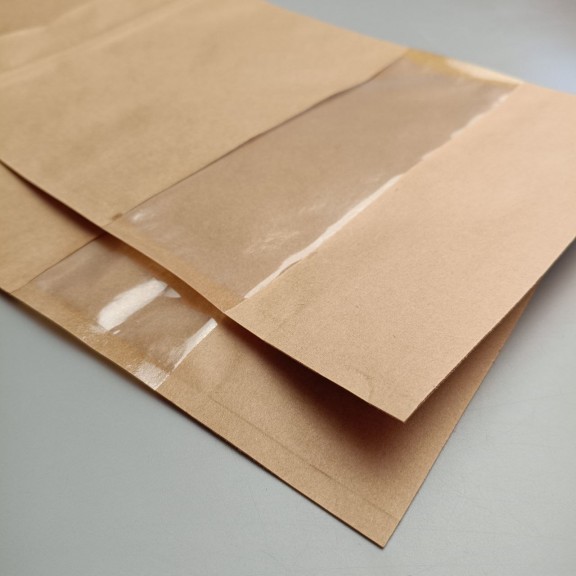 фото Дой-пак крафт з вікном 210*380 (дно 55*55), зіп-замок, з внутрішньою ламінацією